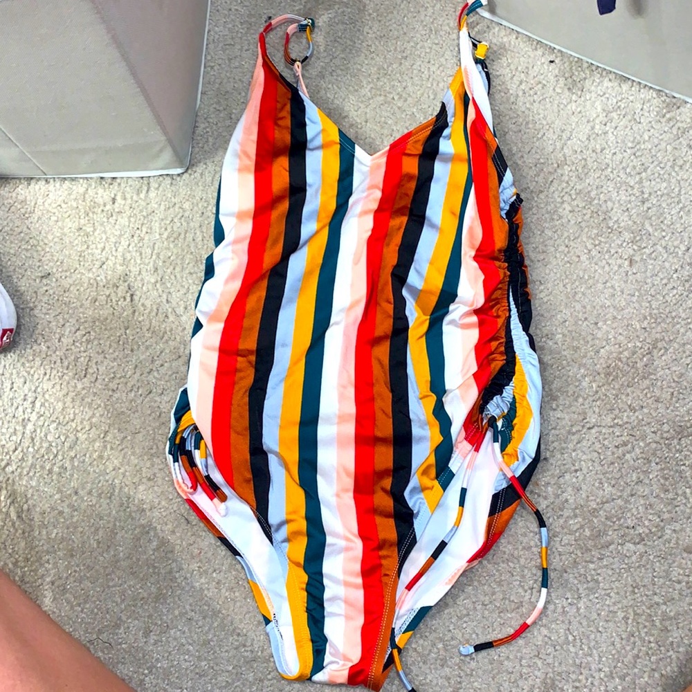 Striped one piece swim suit size Large